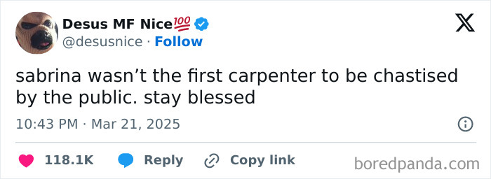 Tweet humorously recommending generational wealth, noting public reactions to carpenters.