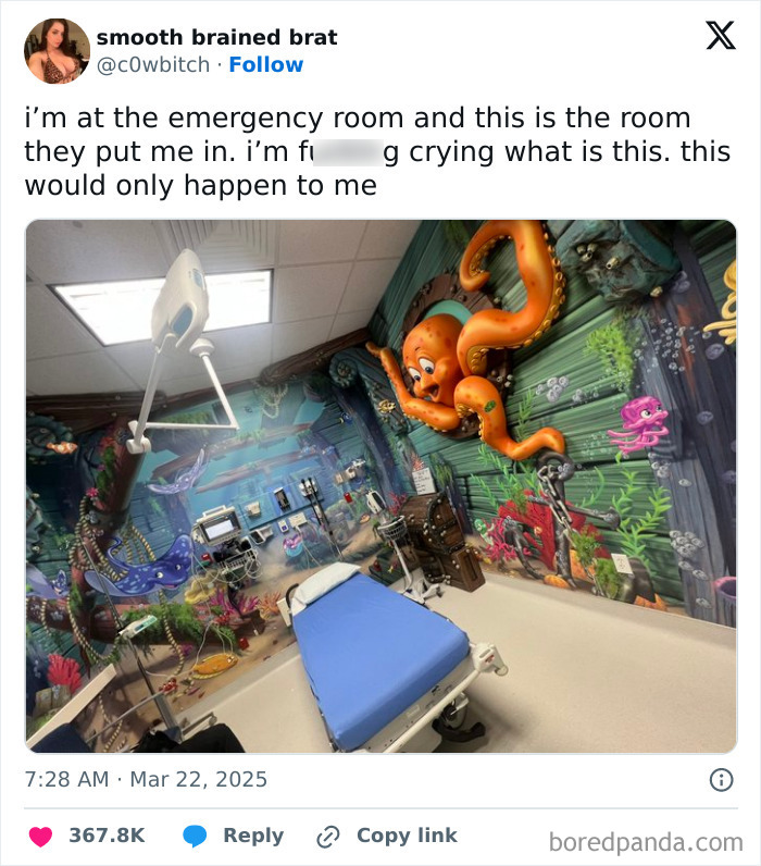 Emergency room with ocean-themed walls and an orange octopus mural, creating a humorous setting.