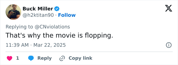 Tweet about Disney's woke Snow White movie flopping, posted by user Buck Miller.