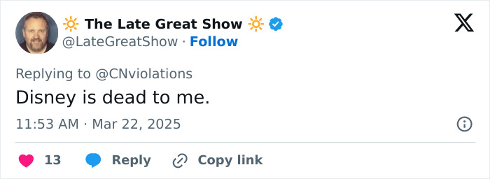 Tweet criticizing Disney's woke Snow White, expressing disappointment.