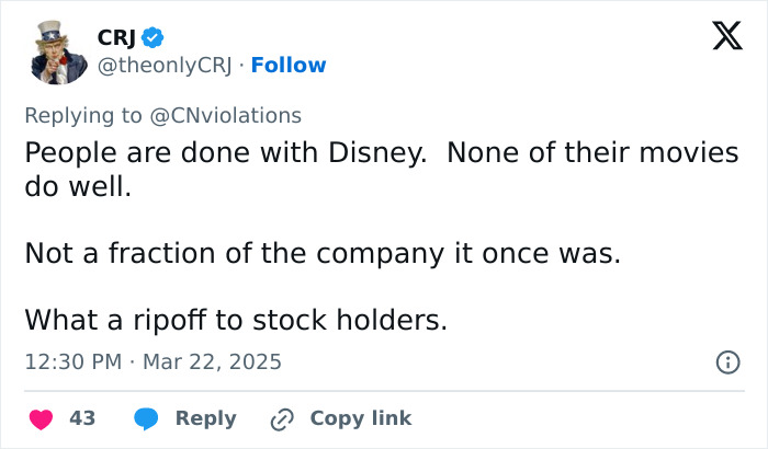 Disney's Snow White criticized as losing appeal, underperforming, called a "ripoff" in social media post.