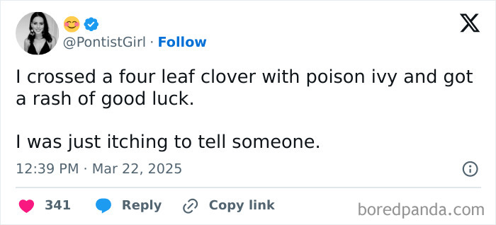 Funny post about mixing a four leaf clover and poison ivy for a 'rash of good luck.'