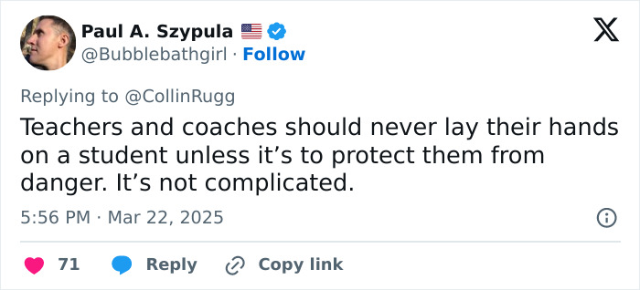 Tweet criticizing coach fired for pulling girl's hair during basketball game.