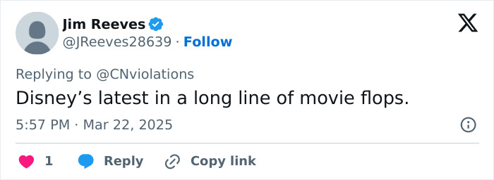 Tweet criticizes Disney's "woke Snow White" as another movie flop.