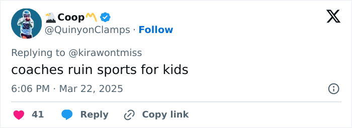 Tweet by Coop commenting "coaches ruin sports for kids," gaining 41 likes.