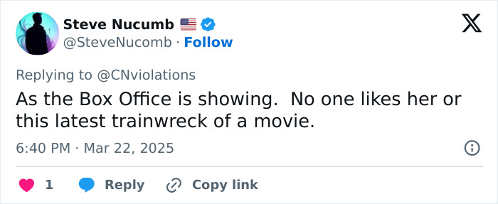 Tweet criticizing Disney's Snow White performance at the box office, calling it a "trainwreck of a movie.