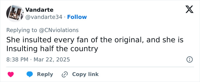 Tweet criticizing Disney's Snow White remake for insulting fans, saying it "insults half the country," dated March 22, 2025.