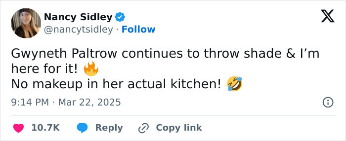 Gwyneth Paltrow tweet in kitchen, addressing Meghan Markle feud rumors humorously, with no makeup.