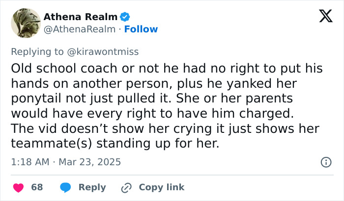 Tweet discussing basketball coach pulling female player's hair.