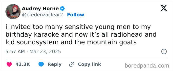 Tweet humorously linking karaoke choices to generational wealth and sensitive young men.