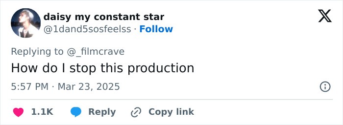 Social media user criticizes Margot Robbie's Wuthering Heights costume, questioning how to stop the production.