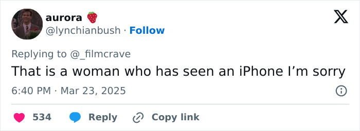 Tweet reacting to Margot Robbie's Wuthering Heights costume saying "That is a woman who has seen an iPhone I&rsquo;m sorry.