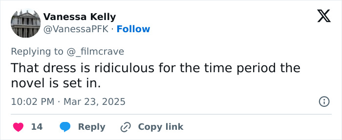 Tweet criticizing Margot Robbie's Wuthering Heights costume as anachronistic.