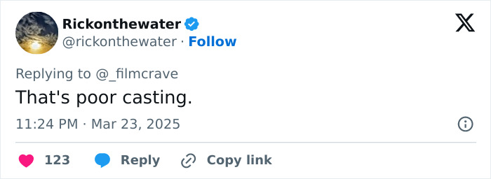 Tweet about Margot Robbie's Wuthering Heights casting, saying, "That's poor casting.