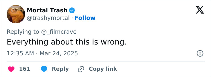 Negative tweet about Margot Robbie's Wuthering Heights costume with replies and likes visible.