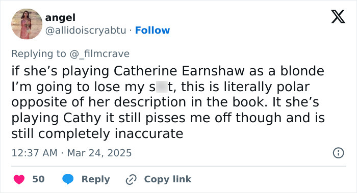 Tweet criticizing Margot Robbie's Wuthering Heights costume as inaccurate, sparking strong reactions.