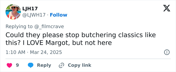 Social media post criticizing Margot Robbie's Wuthering Heights costume.