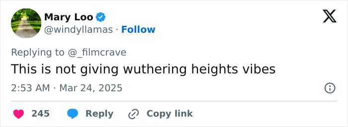 Tweet criticizing Margot Robbie's Wuthering Heights costume for not matching the theme.