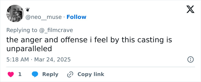 A tweet expressing frustration at Margot Robbie's Wuthering Heights costume.