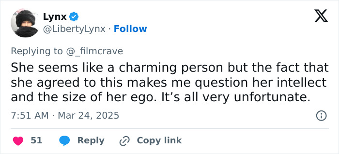 Tweet criticizing Margot Robbie's Wuthering Heights costume, questioning her intellect and ego.