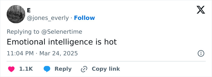 Tweet by user @jones_everly stating "Emotional intelligence is hot," referencing treating women.