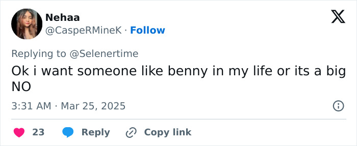 Tweet about Benny's way of treating women, receiving positive public attention.