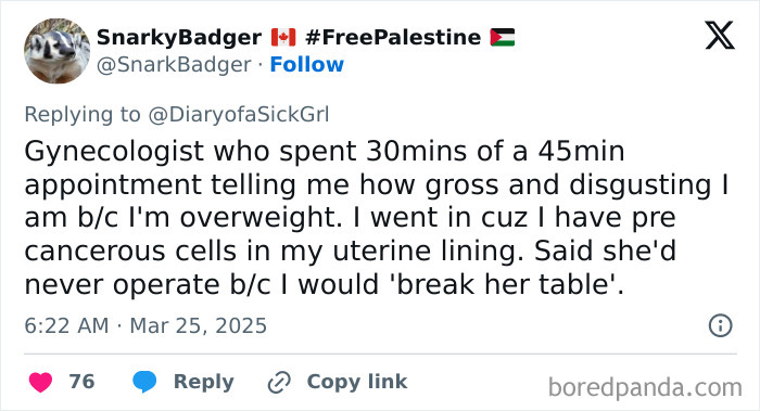 Tweet discussing a negative experience with a doctor who focused on weight rather than medical concerns.