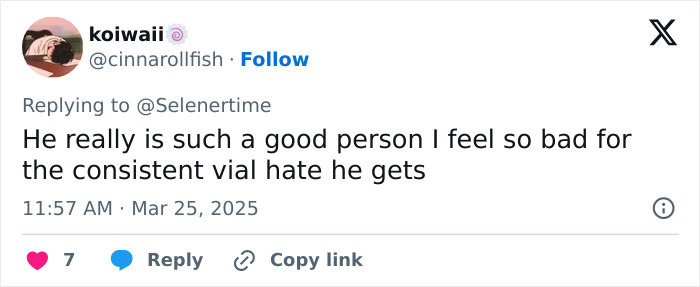 Tweet about Selena Gomez's fianc&eacute; being misunderstood despite treating women well.