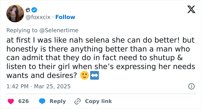 Tweet discussing Selena Gomez's fianc&eacute; on treating women, highlighting respect and listening in relationships.