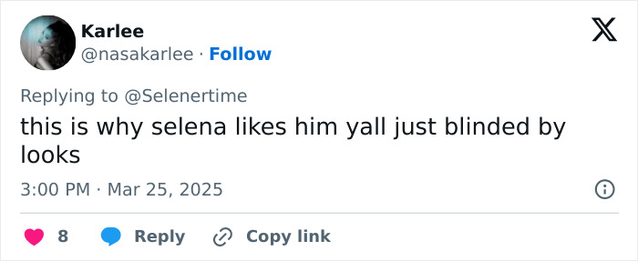 Tweet about Selena Gomez's fianc&eacute;, suggesting why she likes him beyond looks.