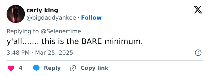 Tweet criticizing Selena Gomez's fianc&eacute; Benny on women's treatment; labeled "the BARE minimum.