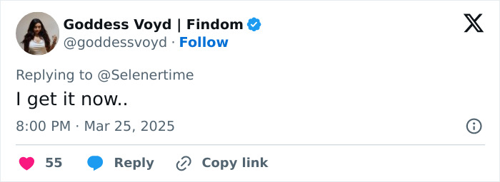 Tweet by Goddess Voyd responding to @Selenertime, timestamped March 25, 2025, gaining 55 likes.