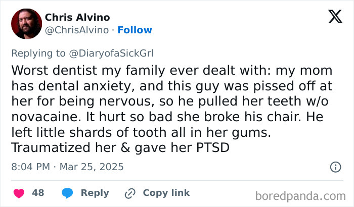 Chris shares a story about an unfortunate experience with a dentist, highlighting the worst medical care.