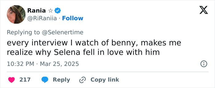 Tweet praising Benny, Selena Gomez's fianc&eacute;, for his admirable views on treating women.