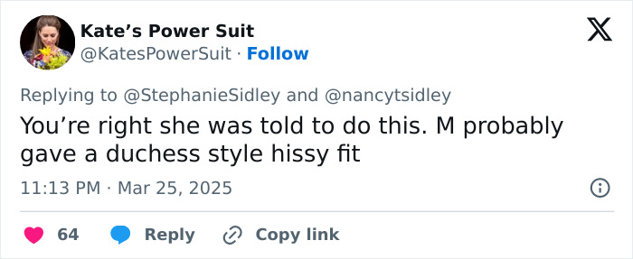 Tweet about Meghan Markle feud rumors with 64 likes and comments.