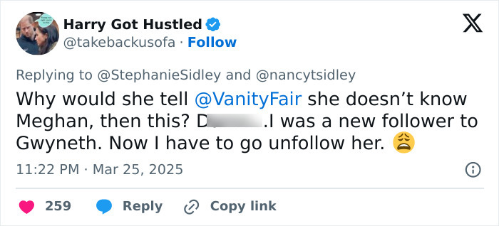 Tweet expressing disappointment over Gwyneth Paltrow's remarks on Meghan Markle feud rumors.