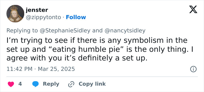 Tweet discussing symbolism related to Gwyneth Paltrow and Meghan Markle feud rumors, mentioning "eating humble pie.