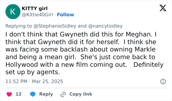 Tweet discussing Gwyneth Paltrow, Meghan Markle, and Hollywood rumors, shared by a user with 12 likes.
