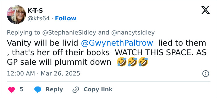 Tweet discussing Gwyneth Paltrow and feud rumors, mentioning potential effects on sales.