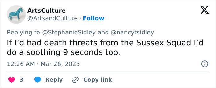 Tweet addressing Meghan Markle feud rumors, referencing Sussex Squad and soothing actions.