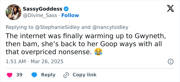 Tweet mentioning Gwyneth Paltrow and Goop, criticizing overpriced products and addressing recent feud rumors.