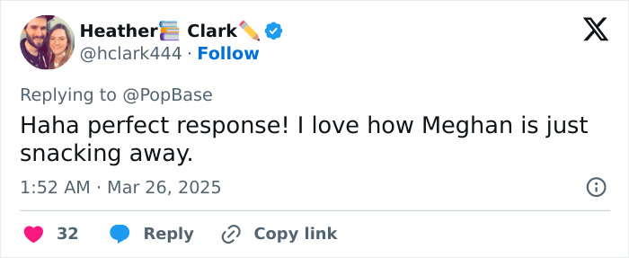 Tweet about Meghan Markle, humorously noting her snacking during a rumored feud discussion.