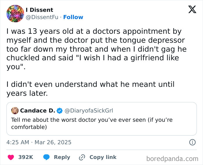Tweet about a bad doctor experience, highlighting inappropriate comment during a childhood medical exam.