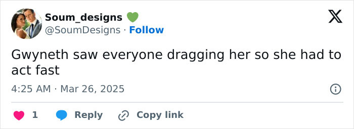 Tweet about Gwyneth Paltrow addressing Meghan Markle feud rumors, highlighting quick response to public reactions.