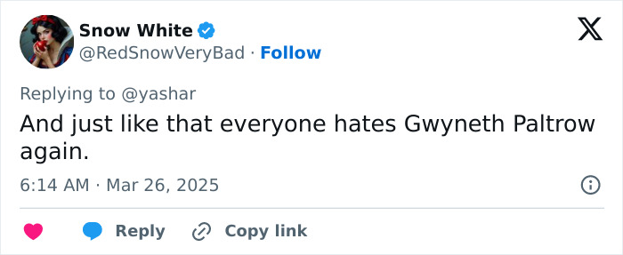 Tweet about Gwyneth Paltrow feud rumors with Meghan Markle, expressing negative sentiment.