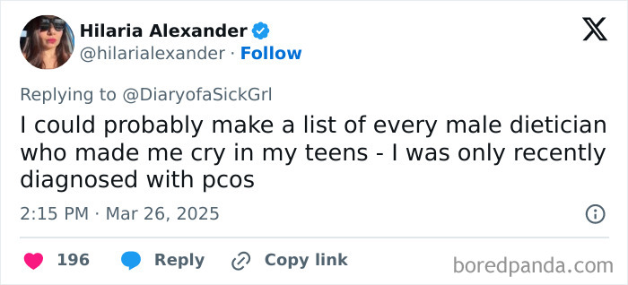 Tweet about a difficult experience with dieticians, related to recent PCOS diagnosis and past emotional impact.
