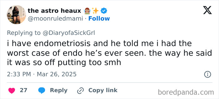 Tweet about a bad experience with a doctor, mentioning an off-putting comment on endometriosis.