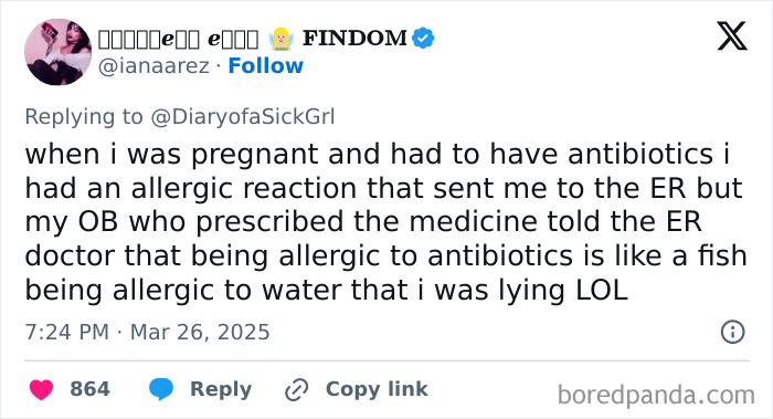 Tweet about a bad doctor experience with an allergic reaction to antibiotics during pregnancy.