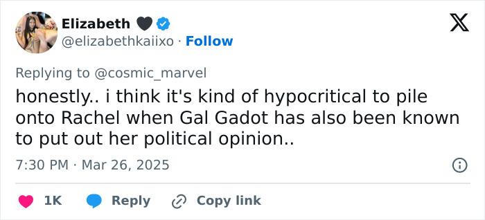 Tweet discusses criticism of Rachel Zegler and Gal Gadot's political opinions.