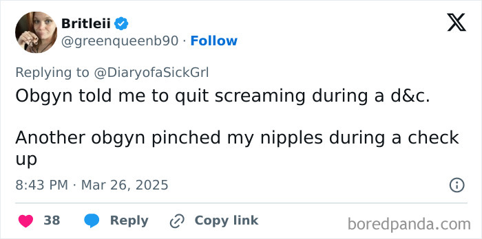 Tweet recounting unsettling experiences with doctors.